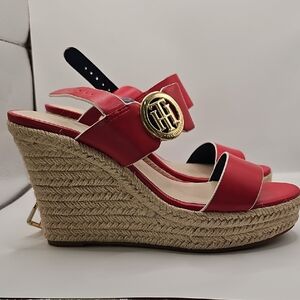 Espadrille Wedge Sandals Tommy Hilfiger Red Gold Logo Size 9